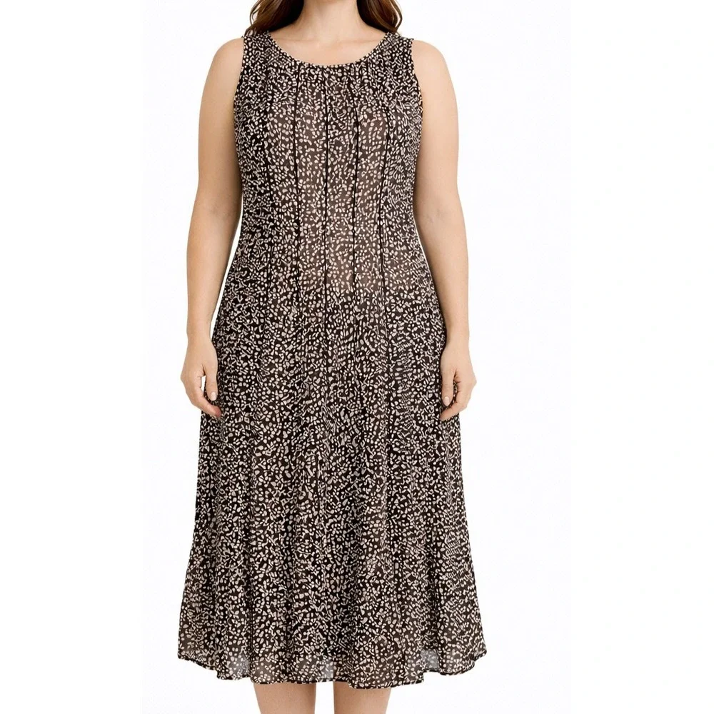 Z Studio Pleated Midi Dress Size 14 Black Cream Geometric Sleeveless Flowy Y2K